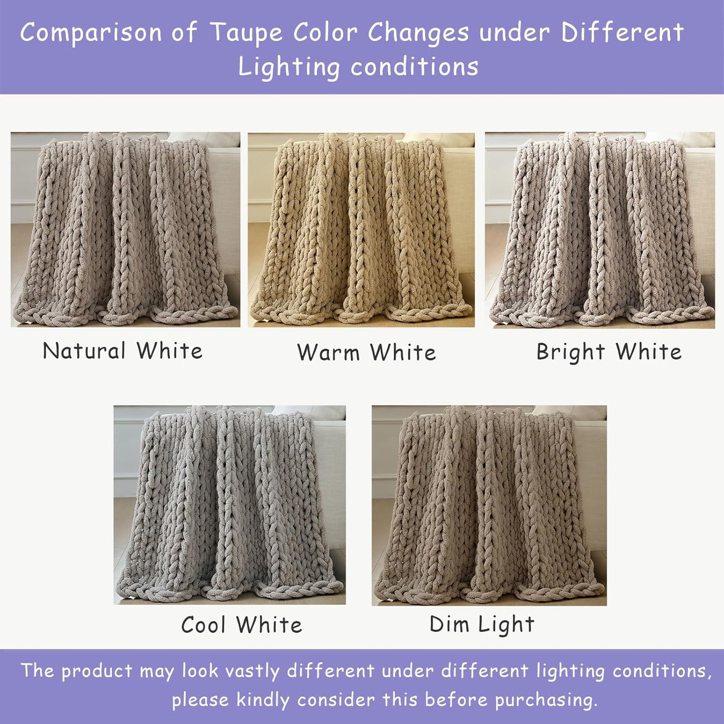 Bigacogo Chunky Knit Throw Blanket for Couch, 80x90 inches, 100% Hand Knitted with Thick Jumbo Chenille Yarn, Cozy Soft Large Rope Knot Cable Crochet Blankets for Sofa Bed Living Room, Taupe