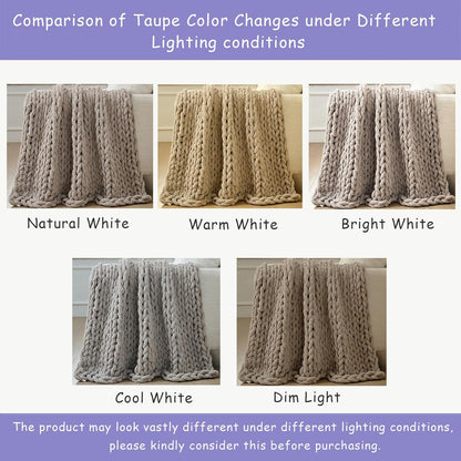 Bigacogo Chunky Knit Throw Blanket for Couch, 60x80 inches, 100% Hand Knitted with Thick Jumbo Chenille Yarn, Cozy Soft Large Rope Knot Cable Crochet Blankets for Sofa Bed Living Room, Taupe