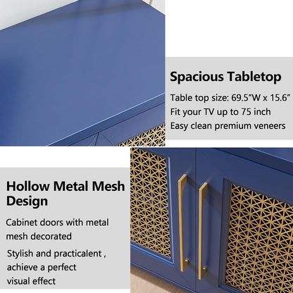 JYED Mid Century Modern TV Stand for TVs up to 75", 69.5" W Blue Entertainment Center with 4 Gold Metal Mesh Doors - Wood Grain MDF TV Console, Media Storage