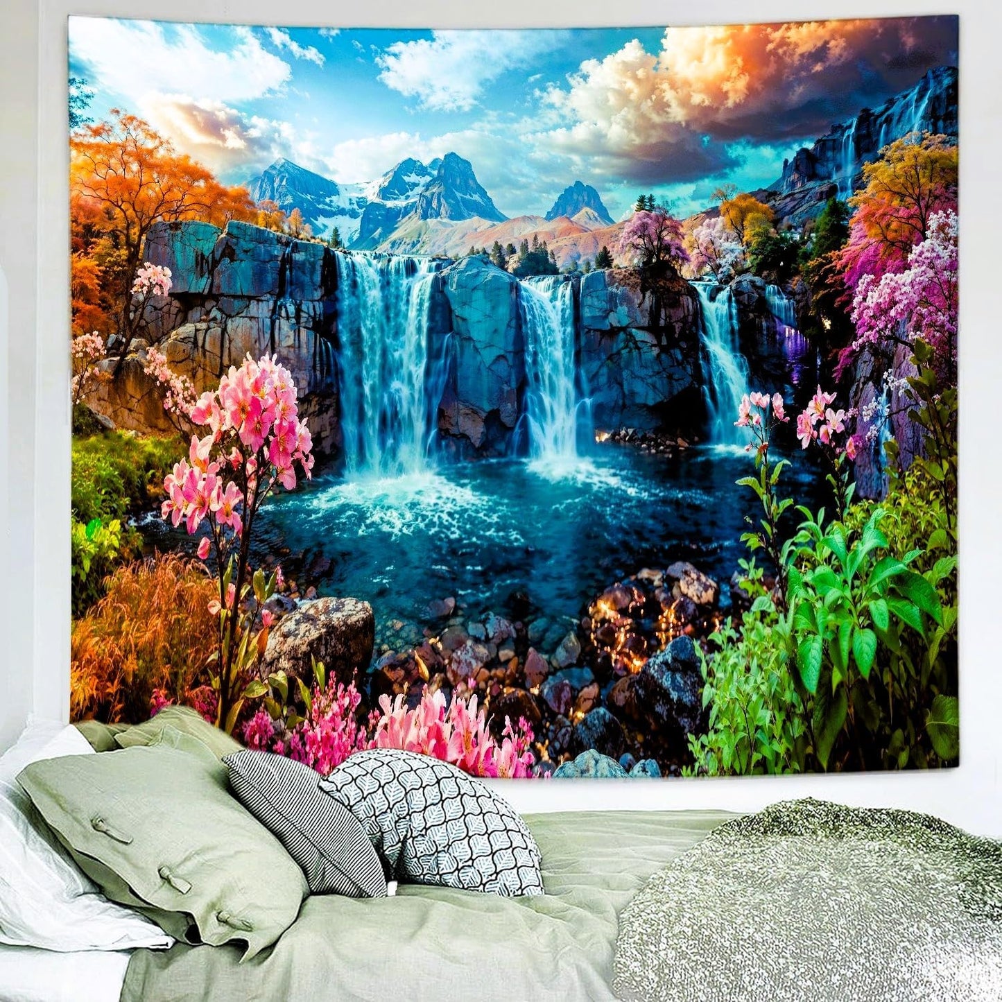 Delur Waterfall Tapestry Tropical Forest Mountain Sunset Tree Wall Hanging Tapestry Scenic Rainforest Landscape Nature Sunrise Headboard for Bedroom Living Room Home Decor (59.1" x 78.7")