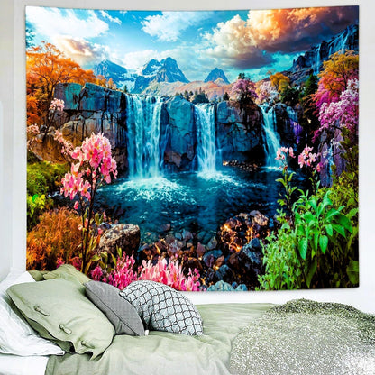 Delur Waterfall Tapestry Tropical Forest Mountain Sunset Tree Wall Hanging Tapestry Scenic Rainforest Landscape Nature Sunrise Headboard for Bedroom Living Room Home Decor (59.1" x 78.7")