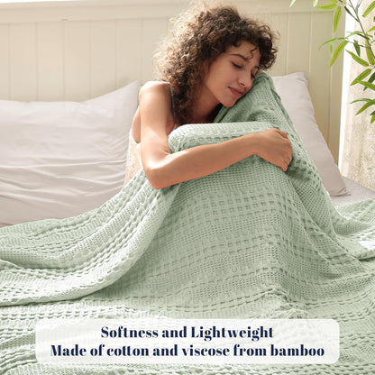 PHF Cooling Waffle Blanket Twin Size, Lightweight 60% Rayon Derived from Bamboo & 40& Cotton Breathable Blanket for Hot Sleepers, Soft and Luxury for Bed Couch and Sofa, 66"x90", Mint