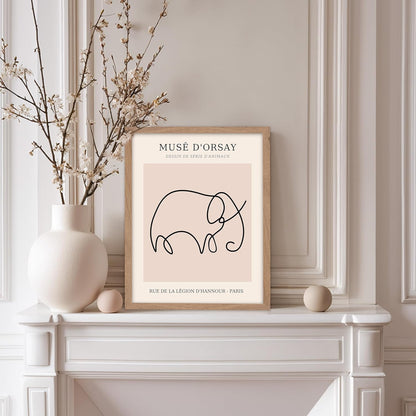 Poster Master Vintage Poster - Retro One Line Elephant Drawing Print - Elephant Art - Minimal Gift for Men, Women, Animal Lover - Abstract Wall Decor for Home, Office, 11x14 Beige Framed