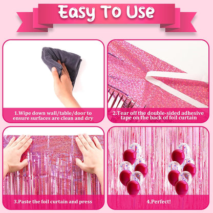 3 Pack 3.3x8.2 Feet Laser Pink Foil Fringe Backdrop Curtains, Tinsel Streamers Birthday Party Decorations, Fringe Backdrop for Graduation, Baby Shower, Gender Reveal, Disco Party