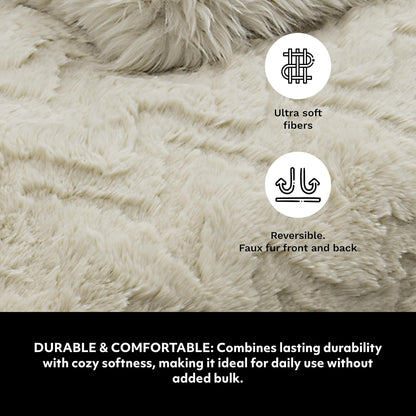 Mon Chateau Premium Reversible Queen Size Luxury Faux Fur Throw for Couch, Sofa, or Queen Size Bed - Plush Cozy Soft Blanket for Sleeping or Home Décor, 60" x 70" (Beige Jacquard)