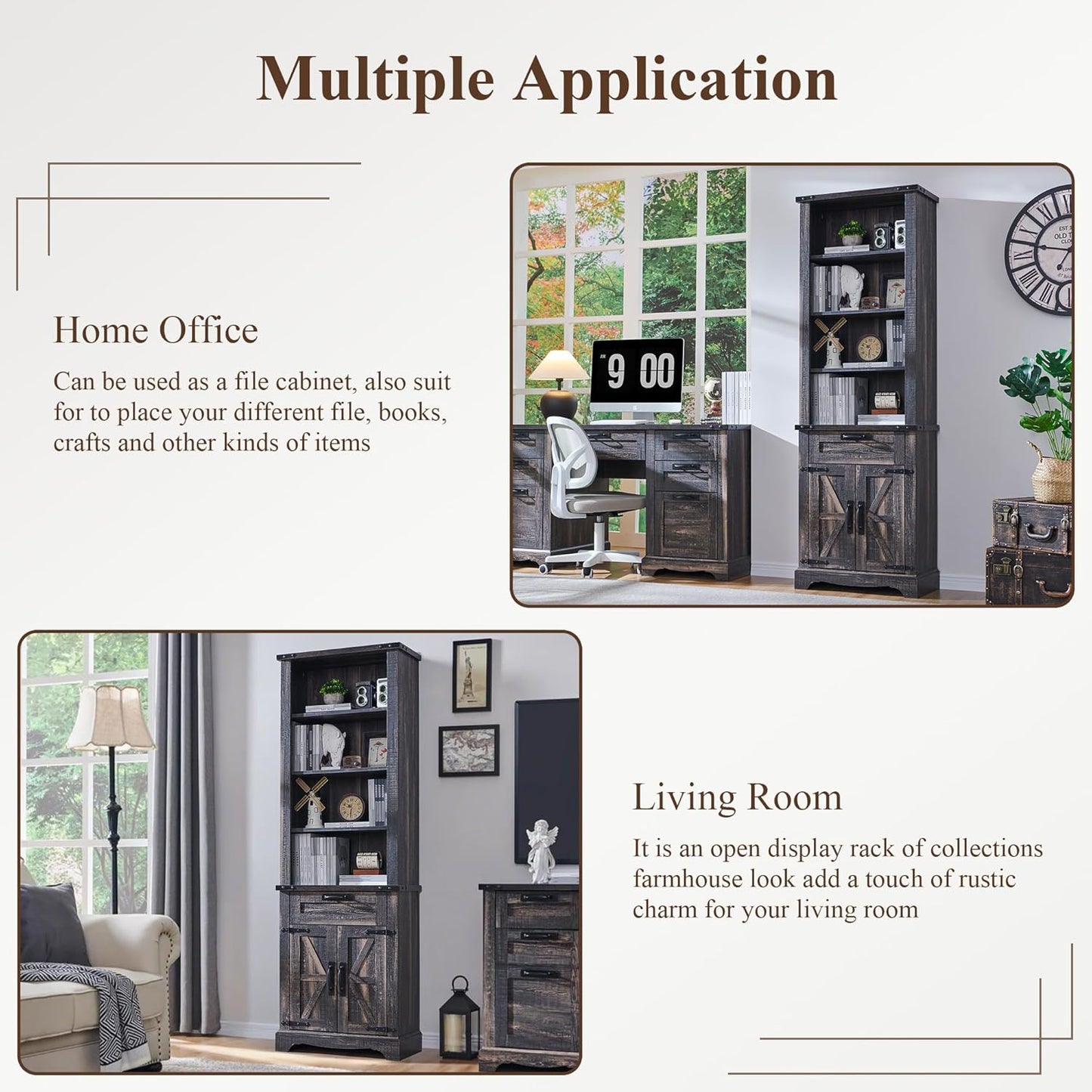 RedLemon Bookshelf with Storage Cabinet, 72" Tall Farmhouse Bookcase with Adjustable Shelves and Barn Door, 4 Tier Office Wood Bookshelf with Drawer for Office Library Living Room (Dark Rustic Oak)