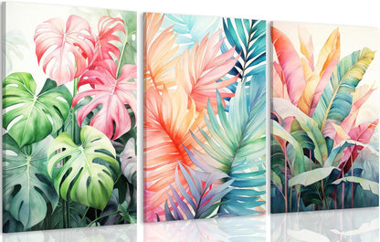 3pcs Framed Tropical Botanical Canvas Wall Art Monstera Leaves Posters Botanical Prints Bohemian style Wall Decor Pictures Palm Leaves Paintings for Bathroom living room Decoration