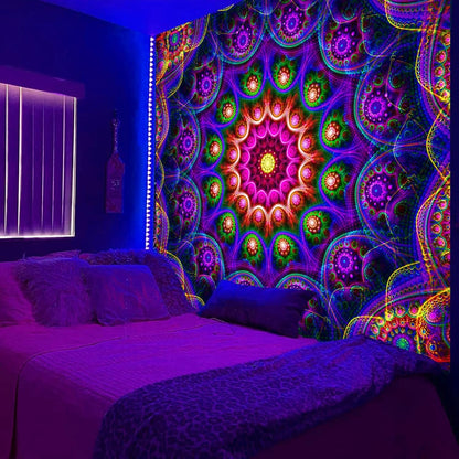 Blacklight Trippy Mandala Tapestry, Boho Black Light Posters for Adults UV Reactive Room Decor for Bedroom Wall (40 x 30 Inches)