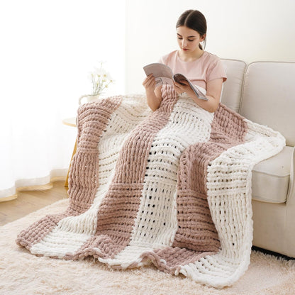 Battilo Chunky Knit Throw Blanket, Soft and Thick Chenille Throw Blanket, 50"x60" Handmade Cable Knit Crochet Blanket, Large Rope Knot Throw Blankets for Couch Sofa Bed Home Decor, Blush & White