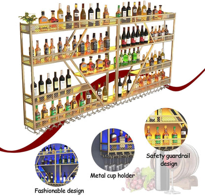 Wall Mounted Wine Rack with Glass Holder, 3-Tier Metal Storage Shelf, Black Diamond Design, Wine Bottle Display with Stemware Storage (Black, 78.74in/200cm)