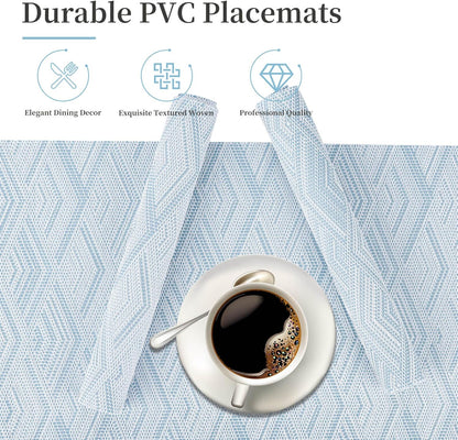 Vinyl Plastic Placemats Set of 6 Washable Heat Resistant Non-Slip Elegant Indoor Outdoor Kitchen Dining PVC Woven Table Place Mats (Sky Blue Rhombus)