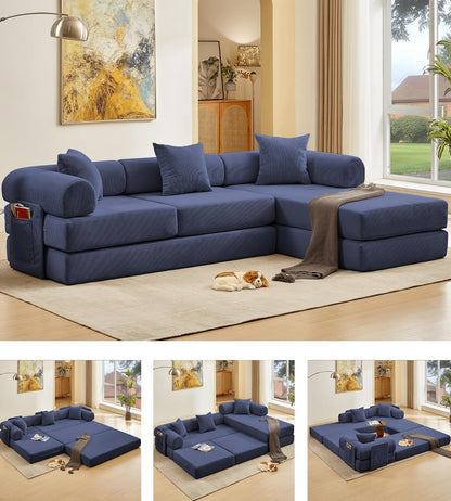 107" Oversized Convertible Sleeper Sofa Bed, Corduroy L Shape Sectional Couch, Folding Sofa Bed with Side Pocket, Modern Cloud Floor Mattress Couch,Modular Sofa for Living Room,Dark Blue