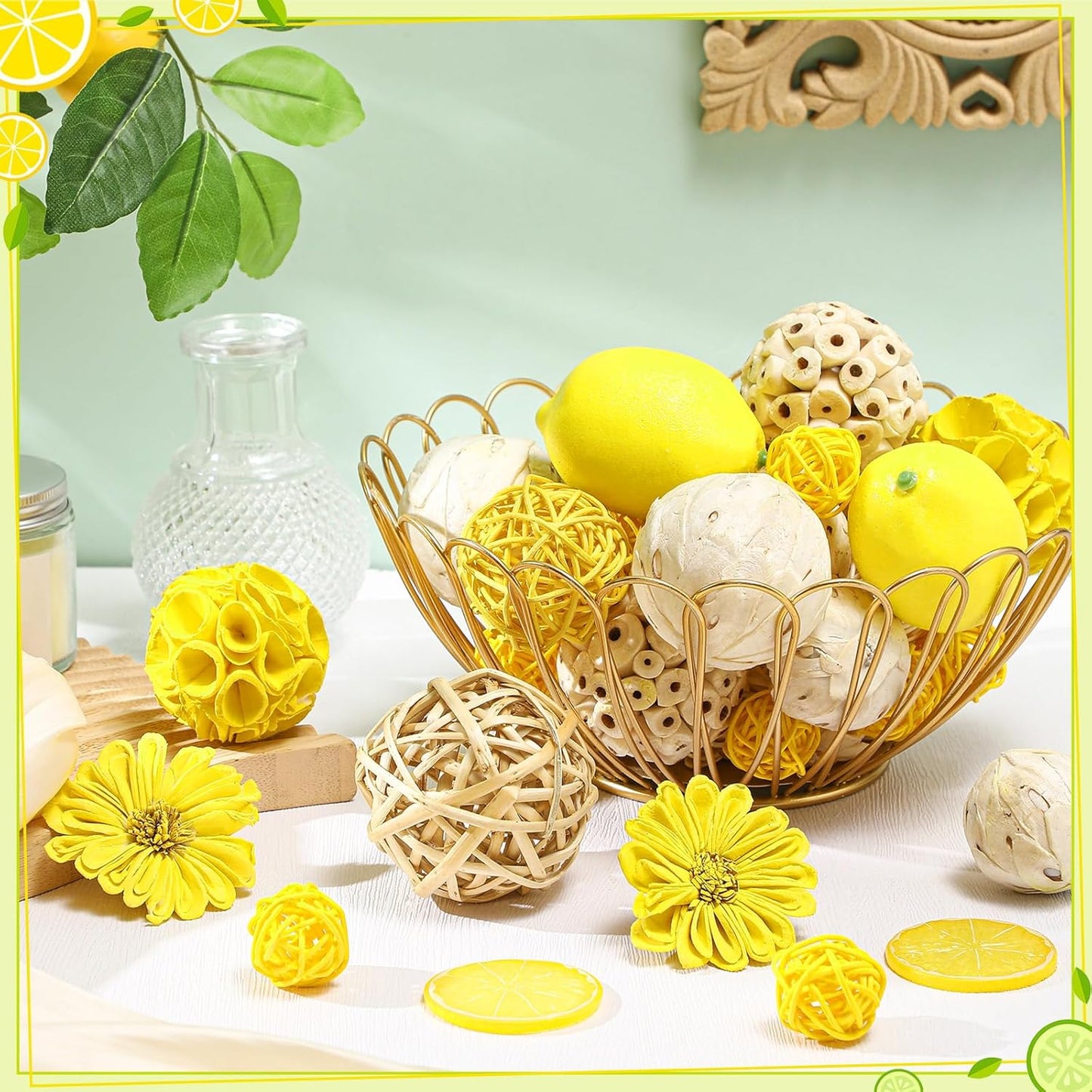 Riceshoot 2 Pack Decorative Balls Potpourri Bowl Filler Decor Natural Vase Bowl Filler Assorted Spherical Rattan Twigs Wicker Balls Cotton for Home Centerpiece(Lemon Yellow)