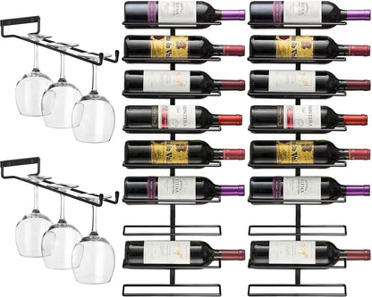 Sorbus Wall Mount Wine Rack + Under Cabinet Wine Glass Holder Set - Wine Rack Wall Mounted for Wine Bottles, Champagne, and Wine Glasses - Complete Your Home Bar & Wine Kitchen Storage, 2 Pack