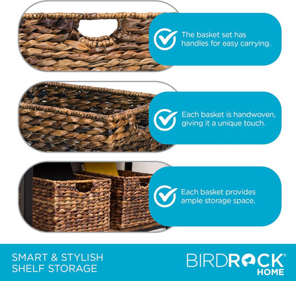 BIRDROCK HOME Woven Storage Shelf Organizer Baskets with Handles - Set of 3 - Abaca Wicker Basket - Pantry Living Room Office Bathroom Shelves Organization - Under Shelf Basket - Handwoven (Espresso)