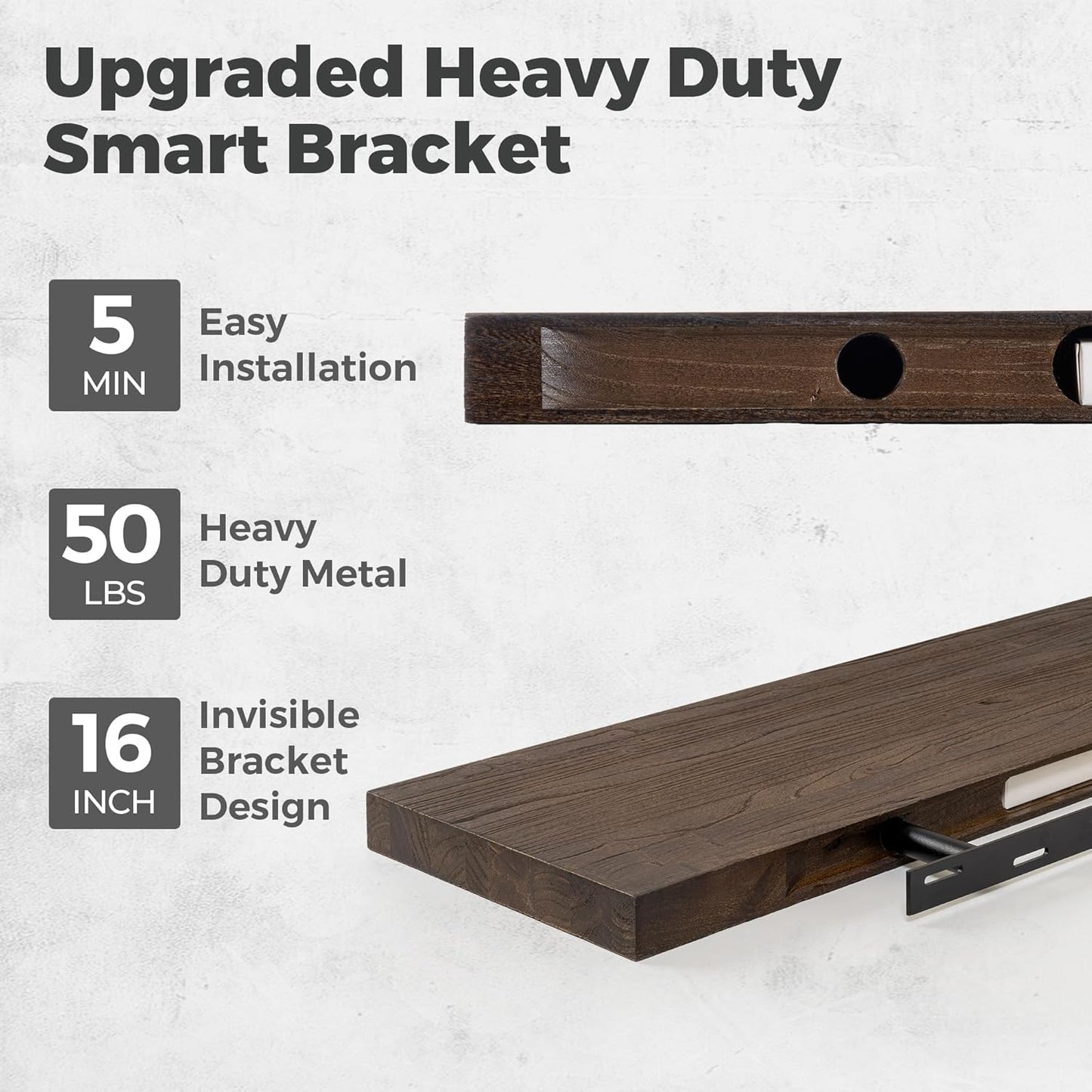 RICHFOCUS Elm Floating Shelves for Wall - 40" W x 9.3" D Rustic Solid Wood Shelves with Invisible Bracket, Wall-Mounted for Living Room, Bedroom, Kitchen Storage & Display, Set of 2, Walnut