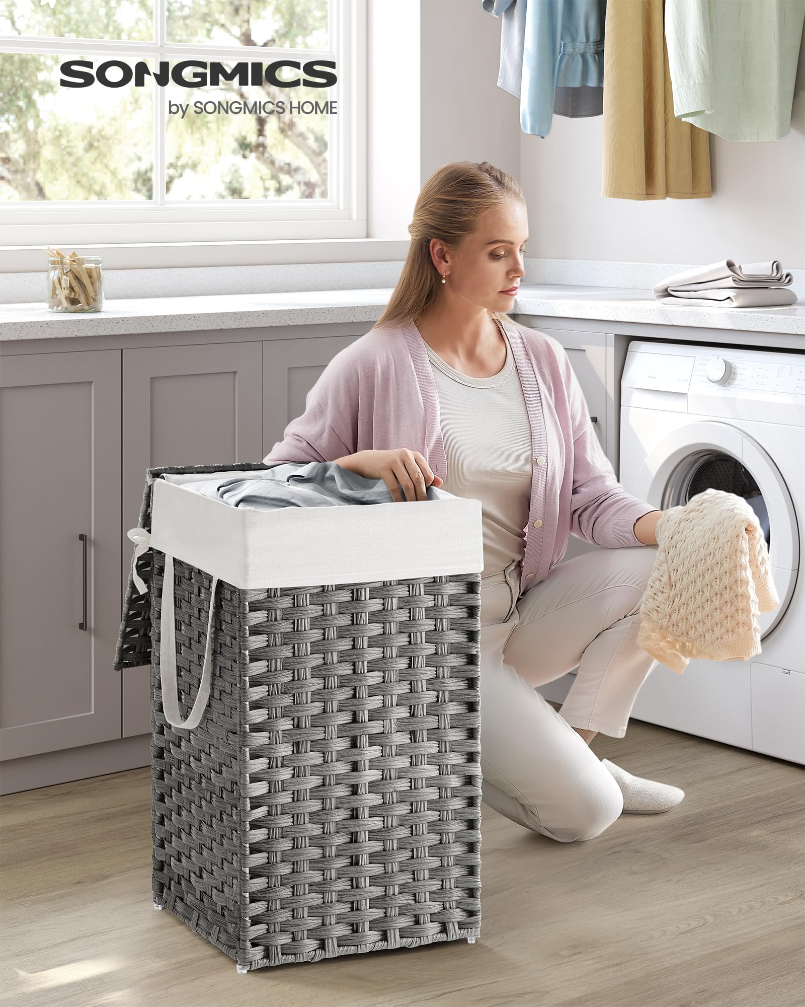 SONGMICS Laundry Hamper with Lid, 17.2 Gallon (65 L) Synthetic Rattan Clothes Laundry Basket with
