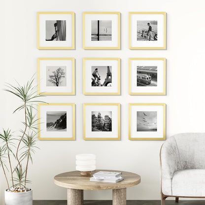 Vittanly 12x12 Picture Frames Set of 9, Shatter Resistant Plexiglass, Display 8x8 Pictures with Mat or 12x12 without Mat, Photo Frames for Wall Mount, Engineered Wood, Gold