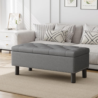 Furniliving Ottoman Bench with Storage, Folding Storage Ottoman Bench with Wood Legs, Upholstered Bedroom Bench with Button-Tufted, Entryway Bench Storage Bench for Bedroom, Linen (Darkgrey)