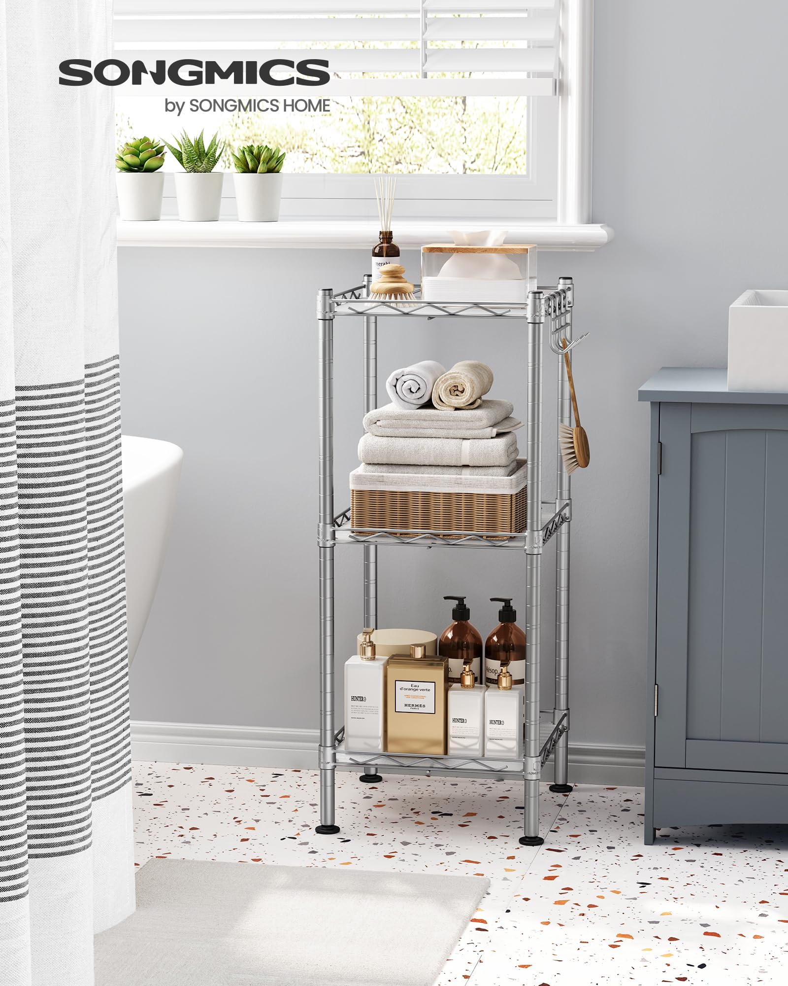 SONGMICS Storage Shelf, Bathroom Shelf, 3-Tier, Silver and Translucent