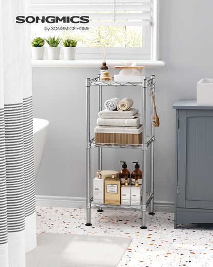 SONGMICS Storage Shelf, Bathroom Shelf, 3-Tier, Silver and Translucent