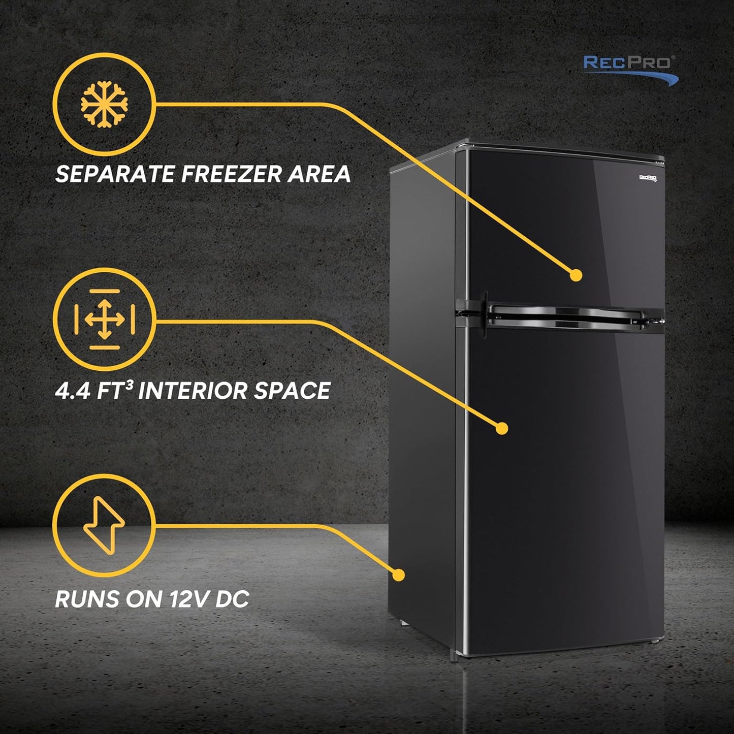 RecPro 4.4 Cu Ft 12V RV Refrigerator with Freezer | Frost-Free, Black Finish | Adjustable Shelves, Reversible Door, Built-In Lock | Off-Grid Camper Fridge | 19.5”W x 23.5”D x 43.5”H