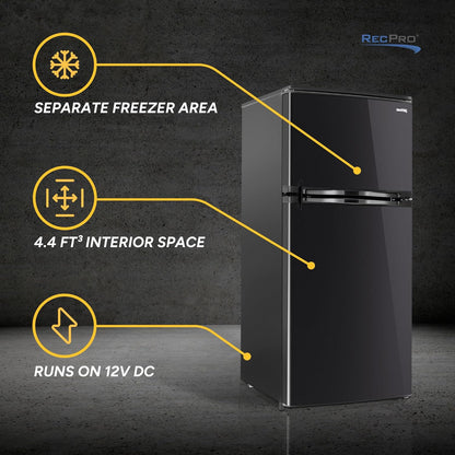 RecPro 4.4 Cu Ft 12V RV Refrigerator with Freezer | Frost-Free, Black Finish | Adjustable Shelves, Reversible Door, Built-In Lock | Off-Grid Camper Fridge | 19.5”W x 23.5”D x 43.5”H