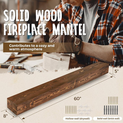 60x8x5 Fireplace Mantel - Handcrafted Hollow Rustic Solid Wood Wall Mounted Floating Shelf with Invisible Heavy Duty Wood Bracket (Weathered Brown)
