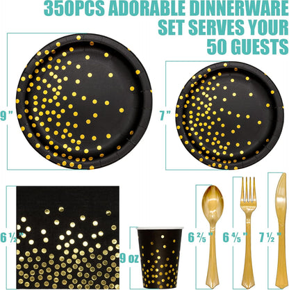 Black and Gold Party Supplies, 350PCS Disposable Dinnerware Set Inclueds Black Gold Dot Paper Plates Napkins Cups Gold Plastic Fork Knives Spoon for Women Men Birthday Wedding Baby Shower Decorations