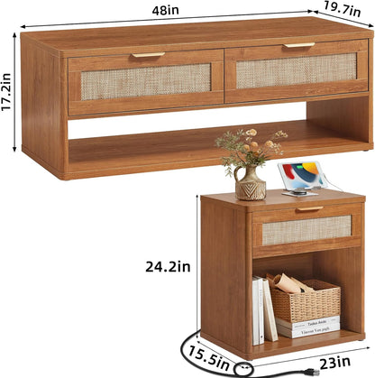 LEYAOYAO Boho Rattan Coffee Table Sets 3 Pieces, Nightstand with Charging Station and Coffee Table with Hidden Storage Compartment, Brown Living Room Table Set, Wood Furniture Sets for Home Office