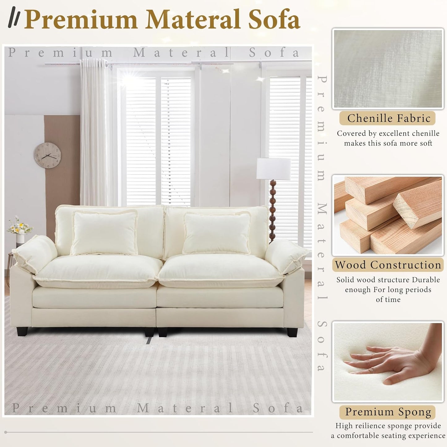 URRED Modular Sectional Sofa Comfy Cloud Couch, Modern Chenille Sofa Sleeper Deep Seat Couches with Ottoman/Pillows for Living Room (White, 82.6'')