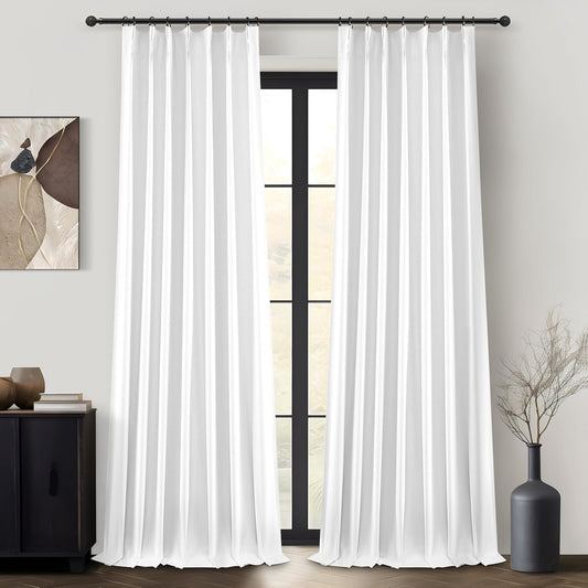 Unique Bright White Blackout Linen 92 Inch Curtains 2 Panels Set for Kids Room / Nursery, Rustic Farmhouse Pinch Pleated Insulated Drapes Room Darkening Privacy Burg for 90 - 92 Inches Large Windows