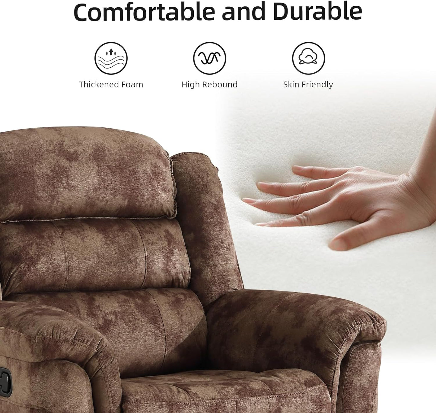 EBELLO Manual Recliner Chair, Soft Fabric Recliner Sofa with Overstuffed Armrest and Backrest for Living Room, Bedroom, Brown