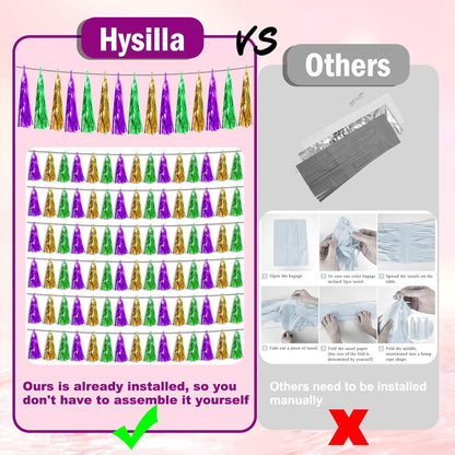 3P Purple Green Gold Foil Fringe Metallic Tassel Streamers Banner Tassel Garland for Parade Floats, Bachelorette, Wedding, Birthday, Halloween, Christmas, Bridal/Baby Shower Party Decorations