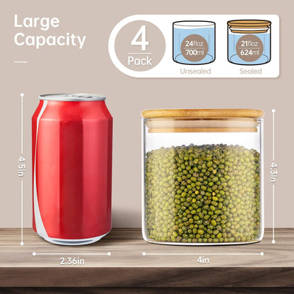 21oz - 4 Pack Glass Jars with Bamboo Lids, Glass Food Storage Containers with Airtight Lids, Air Tight Pantry Storage Containers for Coffee, Sugar, Spice, Meal Prep Jars for Salad & Fruit