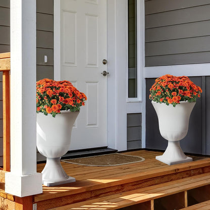 Worth Garden 2-Pack Plastic Urn Planters - 22'' Tall Round Classic Resin Flower Pots Pure White Traditional Large Plant Pots for Front Porch Patio Deck Wedding Decoration Pot - Indoor & Outdoor