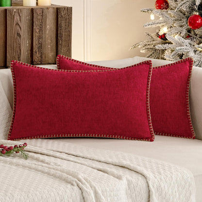 MIULEE Pack of 2 Christmas Pillow Covers 12x20 Inch Red Farmhouse Decorative Throw Pillow Covers with Stitched Edge Soft Chenille Solid Dyed Couch Pillow Covers for Sofa Bed Living Room