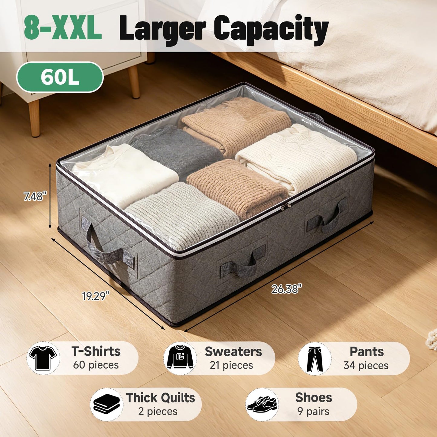 Pterying 8Pack Under Bed Storage Bags, Closet Organizers and Storage Bins with Clear Window &