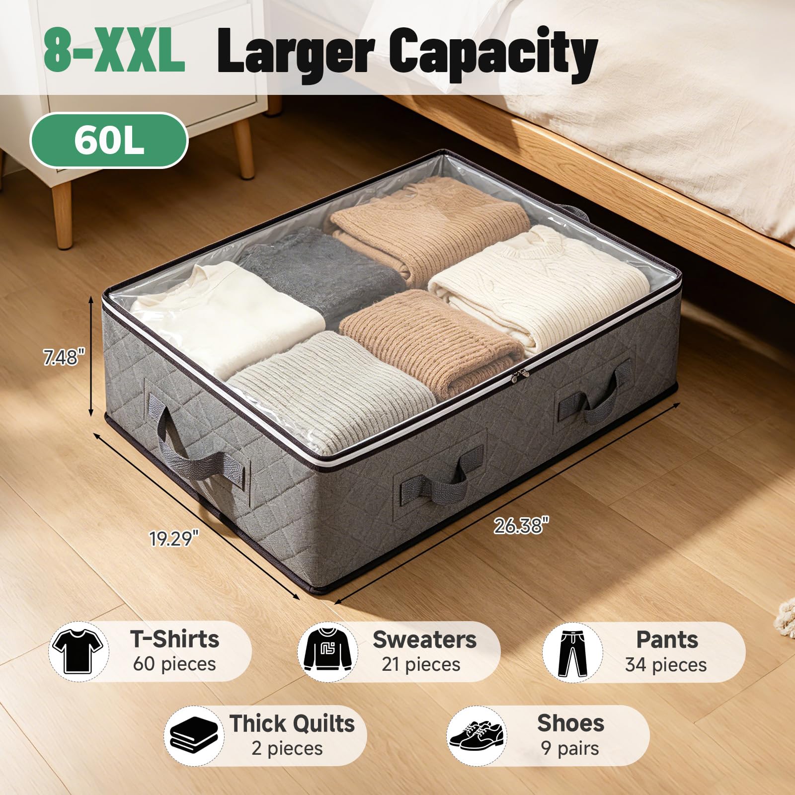 Pterying 8Pack Under Bed Storage Bags, Closet Organizers and Storage Bins with Clear Window &