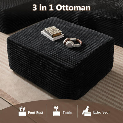 HOOOWOOO Cloud Sectional Couch for Living Room,Modular Sectional Sofa No Assembly,Matching Plush Corduroy Ottoman(Black)