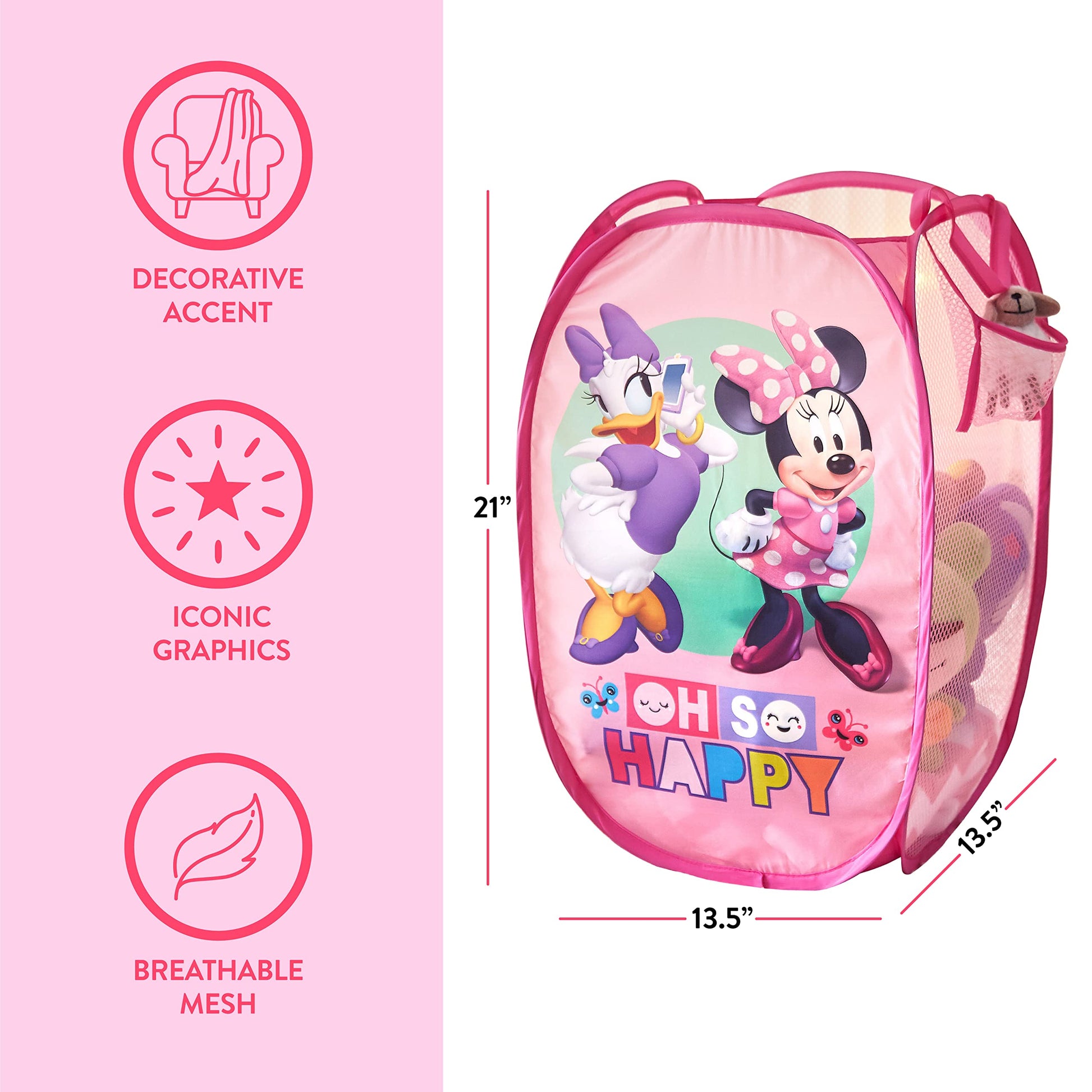 Disney Minnie Mouse Pop-Up Hamper,“Oh So Happy” Design, 21”H x 13.5”W x 13.5”L, Durable &