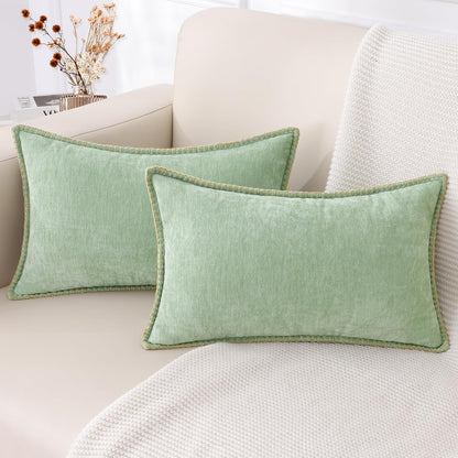 decorUhome Chenille Soft Throw Pillow Covers 12x20 Set of 2, Lumbar Velvet Farmhouse Neutral Decorative Euro Pillow Covers with Stitched Edge for Couch Sofa Bed Home Decor, Sage Green