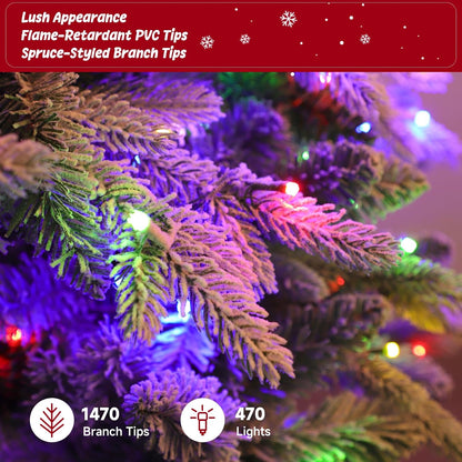 7.5ft Pre-lit Artificial Christmas Tree with Remote, Snow Flocked Xmas Trees Rotating & Foldable Stand, RGB & Warm White Light for Home Decor