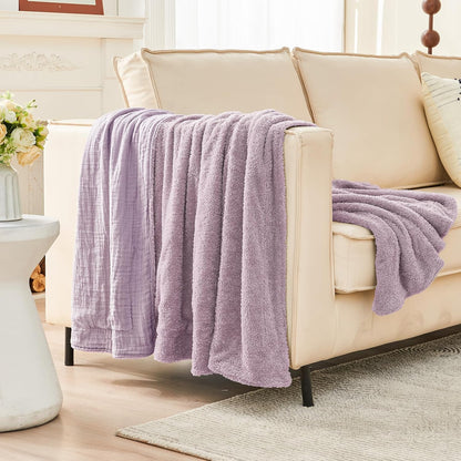 EMME Muslin and Fleece Twin Blanket Reversible - 60"*80" Lavender Soft Warm Throw Blankets for Couch Bed Picnic Travel Bed