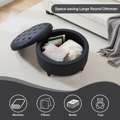 30-Inch Large Round Ottoman, Faux Leather Coffee Table with Removable Lid Top, Upholstered Footrest Modern Button Circle Storage Ottoman for Living Room, Office, PU Black