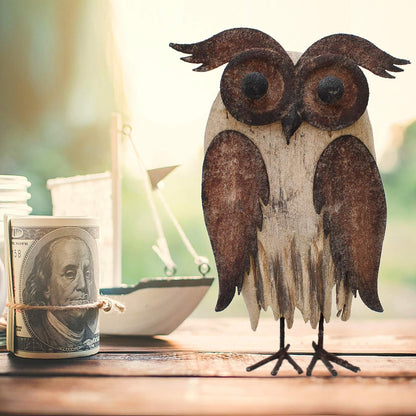 E-View Rustic Owl Figurine - Wood & Iron - Collectible - Home Decor - Brown