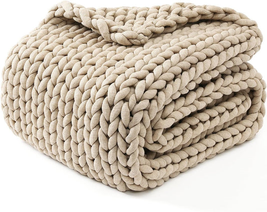 YnM Chunky Throw Blanket, Medium-Weight, Hand Knitted, Skin Friendly, Ventilated and Breathable, Machine Washable, Home Décor Piece for Couch, Sofa and Bed (Beige, 40x50 Inch)