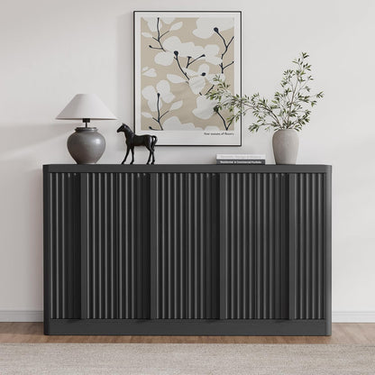 Fluted Buffet Cabinet with Storage, 60" Sideboard Buffet Storage Cabinet with 4 Doors & Adjustable Shelves, Wood Coffee Bar Credenza Accent Cabinet for Kitchen, Dining Room, Living Room, Black(1PCS)