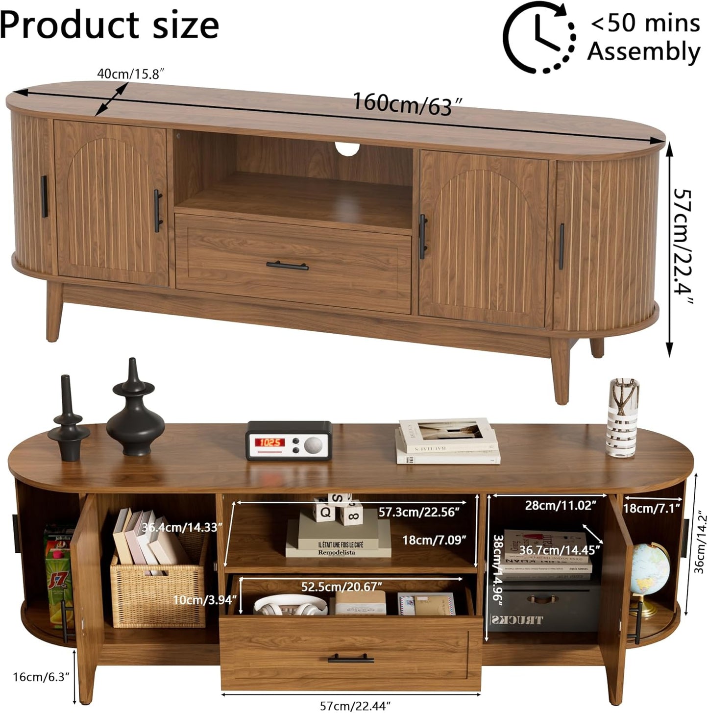 63" Fluted TV Stand for Tvs up to 70", Mid-Century Modern Entertainment Center with Drawers and Fluted Doors, Curved TV Media Console Table with Sliding Doors for Living Room, Bedroom (63")