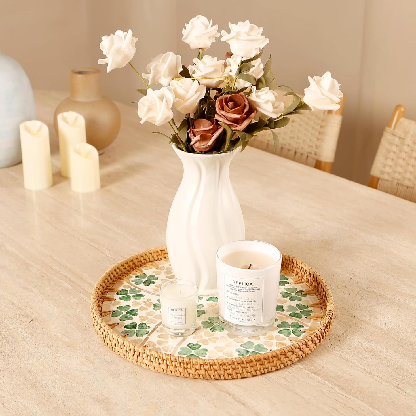 Round Rattan Tray with Mother of Pearl Inlay & Wooden Base - Decorative Wicker Serving Tray for Coffee/Bread/Fruits, Food Storage & Display - Multipurpose Home Decor (L,Four-Leaf Clover)